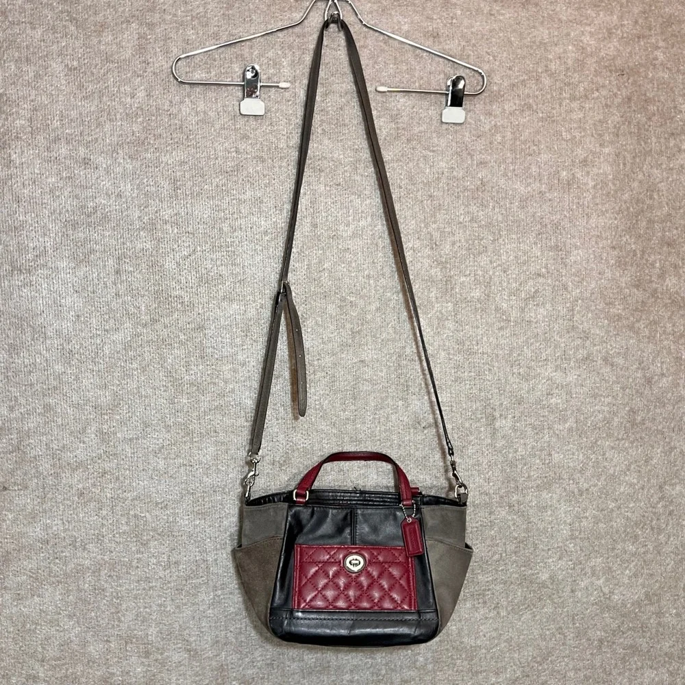 Coach Satchel Handbag Women Small Black Leather Suede Quilted Red Crossbody